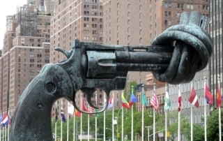A sculpture of a 45-caliber revolver with its barrel knotted, titled Non-Violence but frequently referred to as the "knotted gun", outside the UN in New York, USA.