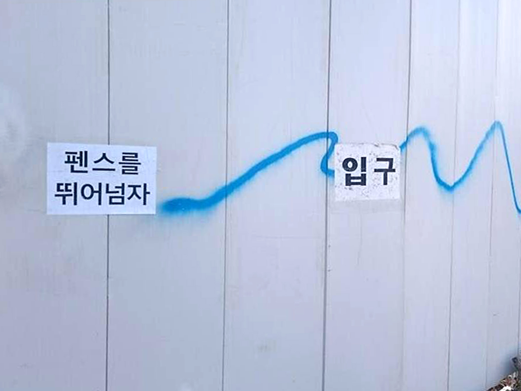 제주도 강정마을 해군기지 공사장 펜스에 붙인 ‘입구’ ⓒ핫핑크돌핀스