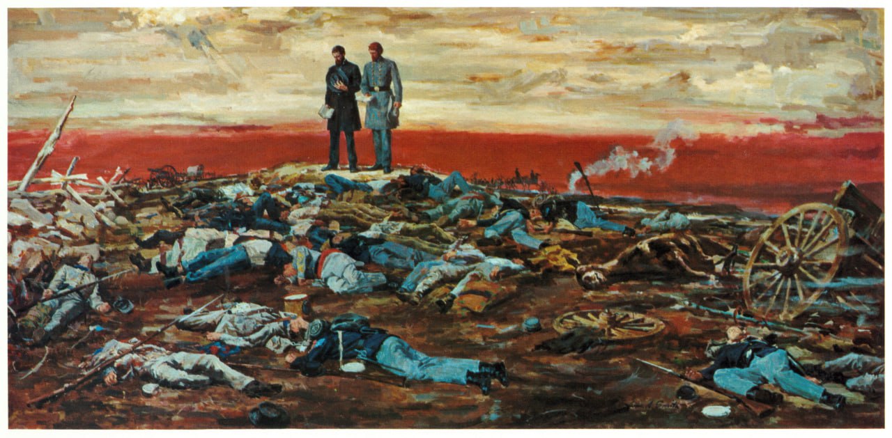 사진 설명 : 윌리엄 스미스가 그린 〈게티즈버그의 종군 사제〉(The Chaplain at Gettysburg painted by William A. Smith) 가로가 긴 직사각형 캔버스에 미국 남북 전쟁 가운데 벌어진 게티즈버그 전투의 참혹한 상황이 펼쳐져 있다. 세로를 기준으로 아래로부터 3분의 2까지는 교전 가운데 사망한 수없이 많은 군인의 주검이 그려져 있다. 그리고 나머지 3분의 1에는 북군과 남군의 종군 사제가 나란히 서서 사망한 이들을 위한 성사를 집전하는 모습이 담겨 있다. 미국 종군 사제의 역사를 다룬 에 따르면 남북 전쟁 당시 활동한 종군 사제는 3,300명이 넘는다. 여호와의증인은 다른 종교, 특히 제도 그리스도교가 전쟁을 지원하고 살상 행위를 지지한다는 이유에서 거짓 종교라고 주장한다. 그러나 그리스도교 평화주의는 1세기 초대교회에서부터 기원을 찾을 수 있는 오랜 교회 전통이며, 3세기 병역거부자로 순교한 막스밀리아누스와 4세기 전쟁에 반대한 마르티누스는 성인으로 공경받는다.